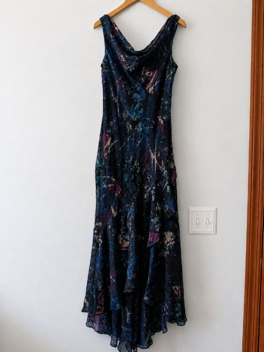 Vtg Alex Evenings Burnout Sequin Beaded Ruffle Bottom Maxi Cowl Neck Dress 10